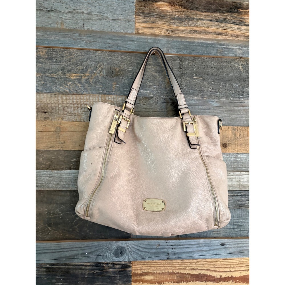 Michael Kors Bedford Pebbled Leather Shoulder Bag Beige Gold Hardware